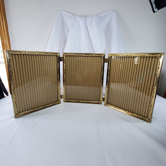 MCM Other - VTG Gold Metal 8x10 Trifold Hinged Picture Filigree Frames Velvet Back MCM
